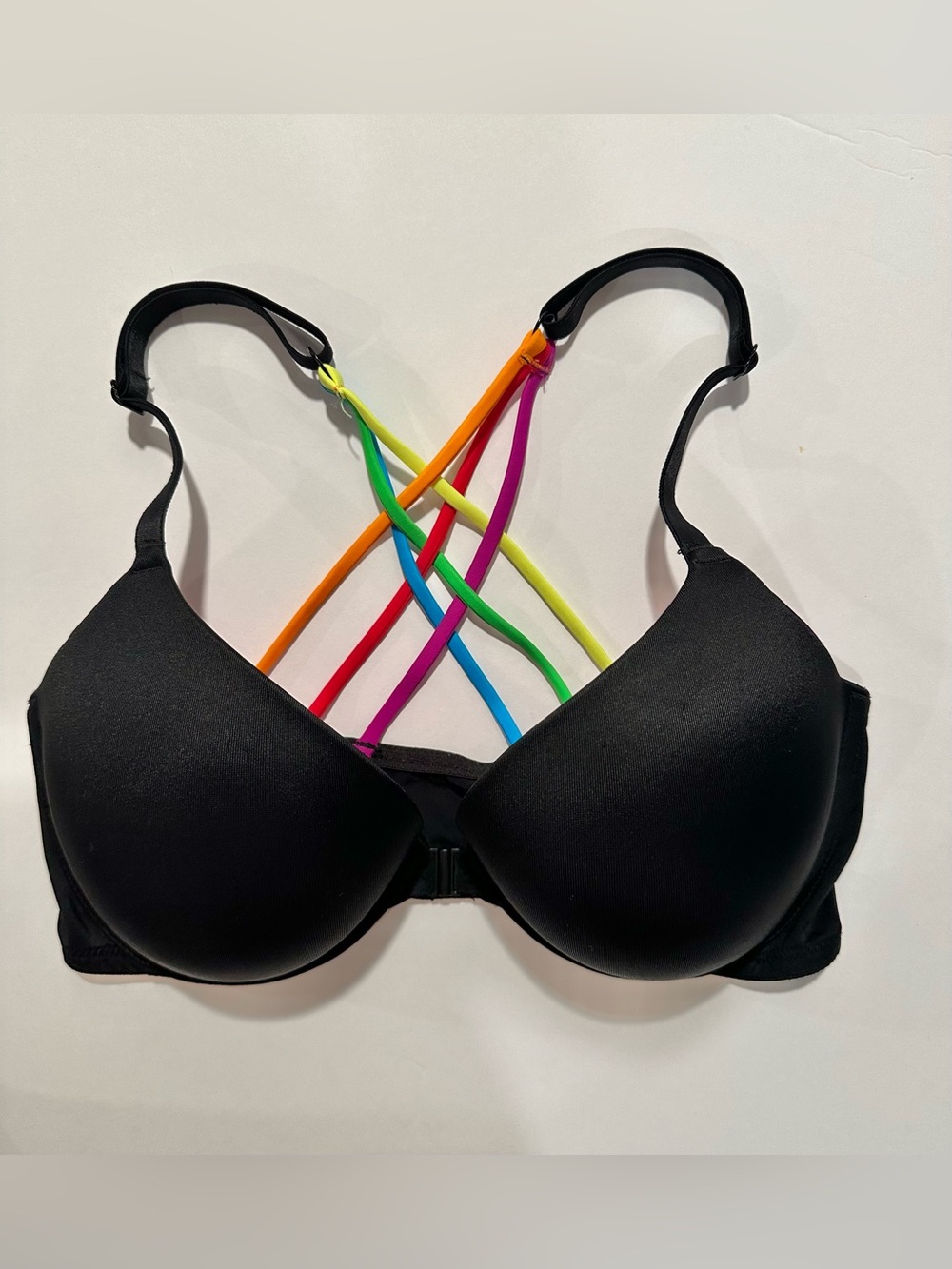 Victoria’s Secret PINK Push-Up Bra Black Rainbow Racerback Front Clasp NWOT